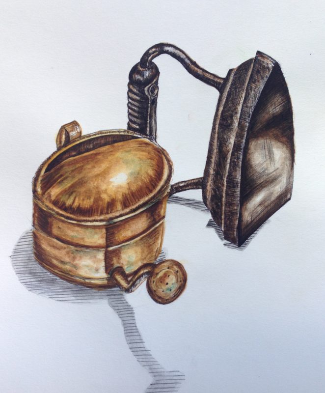 Copper pot and flat iron, watercolour, 2017